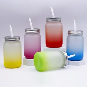 Topjlh Customized Logo 450ml 15oz Glass Clear Frosted Mason Jar Mug Ice Cold Drink Glass With Straws