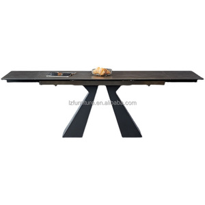 Mesa de Comedor Rectangular Moderna de Piedra Sinterizada, Extensible, con Tapa de Losa de Roca Negra, Base Metálica en Forma de X, para 6-10 Personas, Muebles de Restaurante - Product Image 6