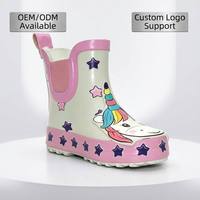 Commande en gros Bottes de pluie Chelsea en caoutchouc pour filles, style Ins, imprimé arc-en-ciel licorne étoile, rose, avec soufflet latéral élastique et boucle de traction unique