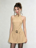 Robe cape 2 pièces style trench pour femme, mini-robe sans manches à col halter avec ceinture et double boutonnage