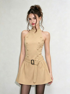 <span class=keywords><strong>Abito</strong></span> a Due Pezzi Stile Trench per Donna, Vestito Mini Senza Maniche con Collo Halter e Cintura, <span class=keywords><strong>Doppiopetto</strong></span> - Product Image 4