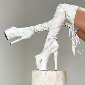 Bottines au-dessus du genou 20cm Sexy Stripper Thigh High Boot 8 Talon haut Marbré Femme Lacets Plateforme Gothique Bottines de pole dance - Product Image 5