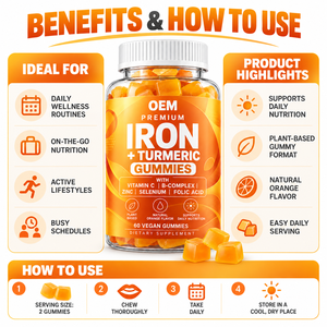 Gomitas Profesionales de <span class=keywords><strong>Hierro</strong></span> <span class=keywords><strong>y</strong></span> Cúrcuma <span class=keywords><strong>con</strong></span> Vitamina C, <span class=keywords><strong>Complejo</strong></span> <span class=keywords><strong>B</strong></span>, <span class=keywords><strong>Zinc</strong></span>, Selenio <span class=keywords><strong>y</strong></span> Ácido Fólico, Nutrición Diaria para Adultos, Marca Privada OEM - Product Image 3