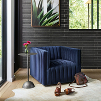 Fauteuil pivotant moderne en velours bleu marine capitonné avec base métallique pour salon, hôtel, vente en gros, OEM, personnalisé