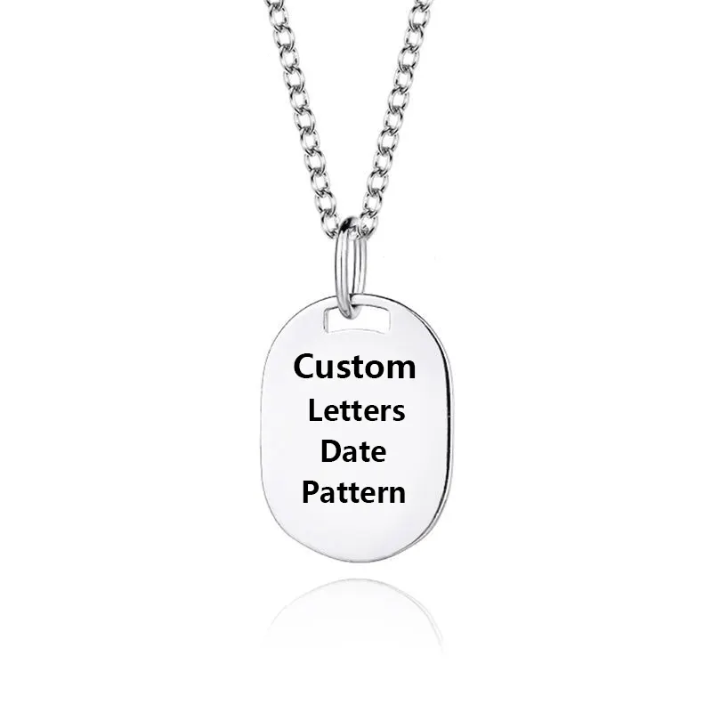 Personalized 925 Sterling Silver Square Plate Pendant Custom Laser Letters Glossy Silver Medal Vintage Necklace for Men Women