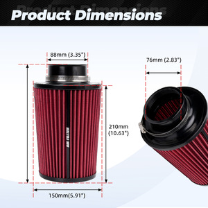 กรองอากาศ 3 นิ้ว 76 มม. ทรงกรวยสีแดง สำหรับอัพเกรดช่องลมเข้ารถยนต์ - Product Image 2