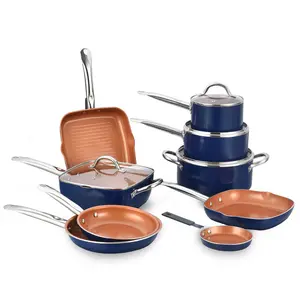 Không dính Cookware Set Đồ Nhà Bếp nấu ăn Cookware sets nấu ăn nồi và chảo 13 miếng màu xanh đậm gốm sứ hộ gia đình