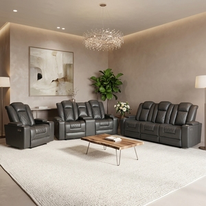 Juego de Sofás Reclinables Eléctricos de Cuero de Lujo con Luz LED y Bluetooth - Sofá Seccional Extensible Convertible para Sala de Estar de Villa - Product Image 3