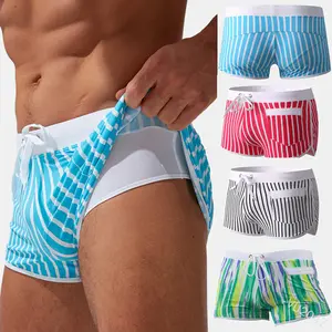 Yeni varış erkek yüzmek şort 2 in1 inliner erkek seksi mayo yüzmek mayo çizgili desen Beachwear sörf tahtası plaj mayolar