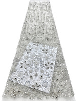Vente en gros de tissu en dentelle de mariée pailletée avec perles en organza 3D, broderie de paillettes en cristal, tissu en dentelle pour robe de mariée