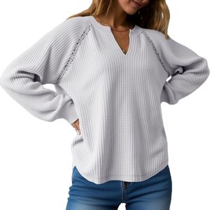 Suéter tipo túnica de punto gofrado de manga larga extragrande para mujer, cuello en V, informal, suave, para todas las estaciones - Product Image 1