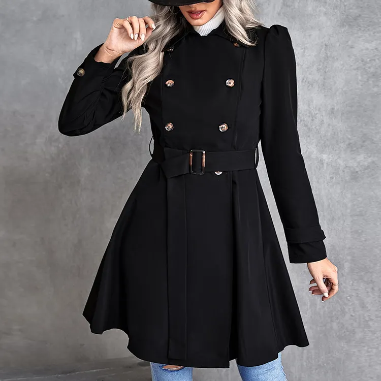 OEM custom autumn high quality street fashion Double Breasted Belted Long Black Trench Coat Women