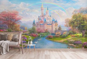 วอลเปเปอร์ลายปราสาทเจ้าหญิงสุดแฟนตาซี พร้อมภาพวาดสายรุ้งและทิวทัศน์ในเทพนิยาย สำหรับห้องนอนเด็กผู้หญิง สร้างบรรยากาศนุ่มนวลชวนฝัน - Product Image 3