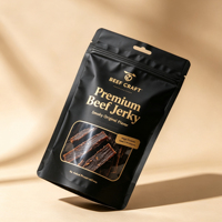 Sachet refermable personnalisé noir et or mat de qualité alimentaire avec fenêtre pour bœuf séché et snacks