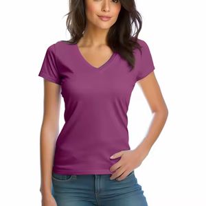 Biểu Tượng Tùy Chỉnh In Ấn Cotton Polyester Rayon Pha Trộn V Cổ Của Phụ Nữ T Áo Sơ Mi OEM <span class=keywords><strong>Tri</strong></span> Pha Trộn Siêu Mềm Tím T Áo Sơ Mi Cho Phụ Nữ - Product Image 4