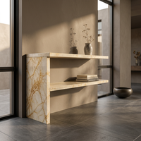 Table console en marbre Calacatta Gold avec double étagère, table d'appoint en pierre, meuble contemporain pour entrée et salon