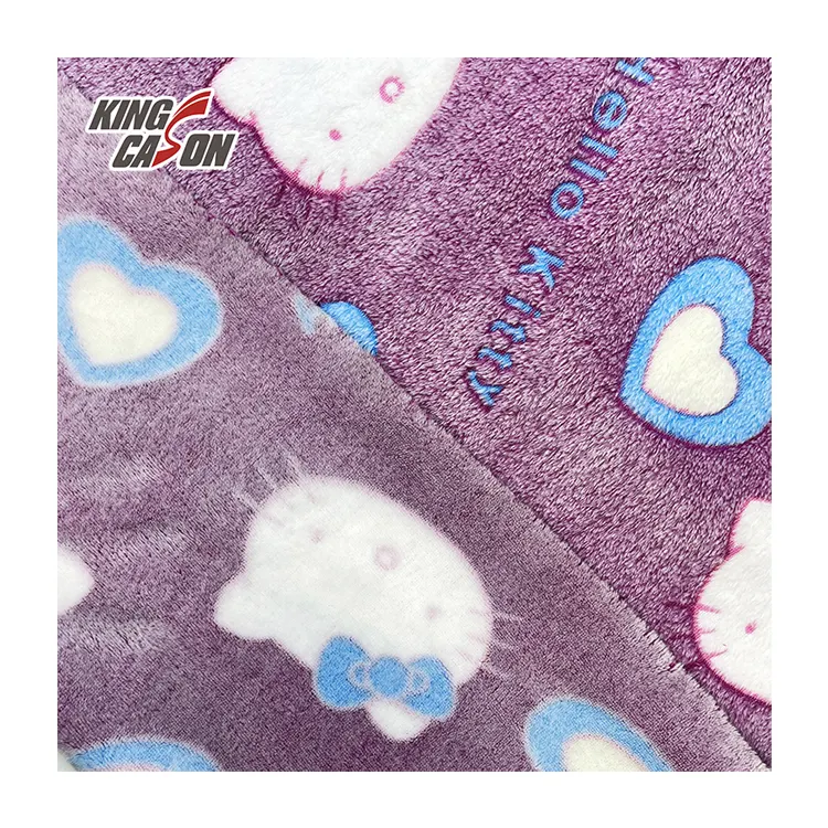 Kingcason çin fabrika tutkal baskılı Kitty rahat % 100Polyester Sherpa mercan polar kumaş kadife pijama battaniye ceket için