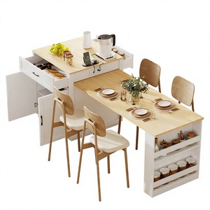 Îlot de cuisine extensible en bois massif, table à manger avec rangement double face, 2 tiroirs, prises électriques latérales, étagères, résistant à l'eau, moderne - Product Image 4