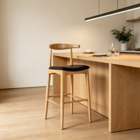 Taburete de Cocina de Madera de Fresno, Estilo Moderno de Mediados de Siglo, Respaldo Tipo Bullhorn, Asiento Tapizado, Venta al por Mayor Directa de Fábrica, Carga en Contenedor