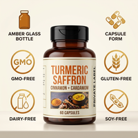 Capsules de complexe curcuma safran OEM, complément alimentaire à base de plantes avec cannelle et cardamome, 60 unités, marque privée pour adultes