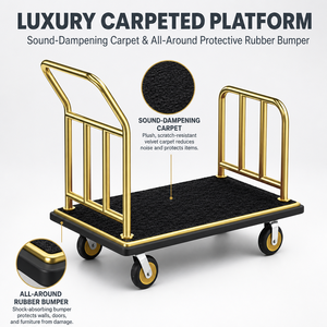 Hotel luggage <b>cart</b>, <b>hand</b>-push flat trolley with stainless steel silent wheels, concierge lobby - Product Image 3