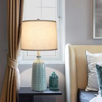 Lampe de table à 3 niveaux de luminosité en céramique verte JUNNAI, abat-jour en tissu blanc, base E26, hauteur 24,5 pouces, lampe moderne pour chambre à coucher et salon