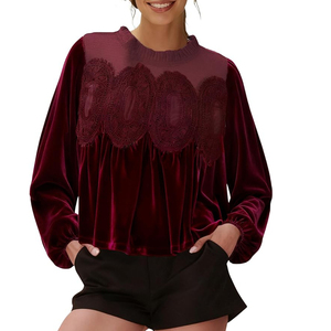 Blusa de Mujer con Mangas Abullonadas y Ribete de Terciopelo, Cuello Redondo, Estilo Elegante y Casual para Otoño 2025, Envío Rápido - Product Image 1