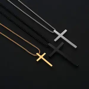 Wholesale Boys Teenage Silver Black Gold Stainless Steel Plain Cross Pendant Necklaces for Men Box Chain cadenas para hombres