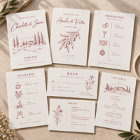Kit de Papeterie de Mariage Personnalisable Minimaliste Bordeaux avec Art Ligné : Cartes Save the Date, RSVP, Menu, Programme et Invitation de Mariage Personnalisable
