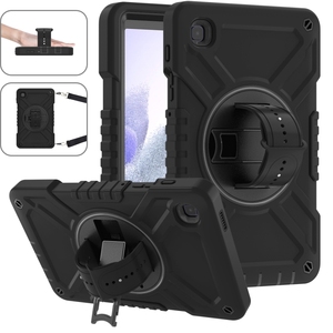 Coque pour Samsung <span class=keywords><strong>Galaxy</strong></span> <span class=keywords><strong>Tab</strong></span> <span class=keywords><strong>A7</strong></span> <span class=keywords><strong>Lite</strong></span> X Rotation PC Hybrid Silicone Tablet Case avec Strap(Full Black) - Product Image 1