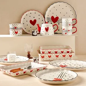 Placas criativas fofas para casa, pratos de cerâmica para jantar, conjuntos de pratos para casamentos, desenho de coração e bolinhas