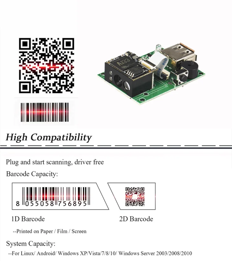 2d Fixed Mount Barcode Scanner Module Small Embedded Size for Access Control Automatic Scan