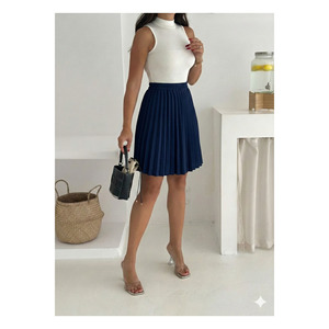 Women's <b>Navy</b> Blue Pleated Mini <b>Skirt</b> Elastic Waist <b>Satin</b> Fabric 45 Cm Length - Product Image 2