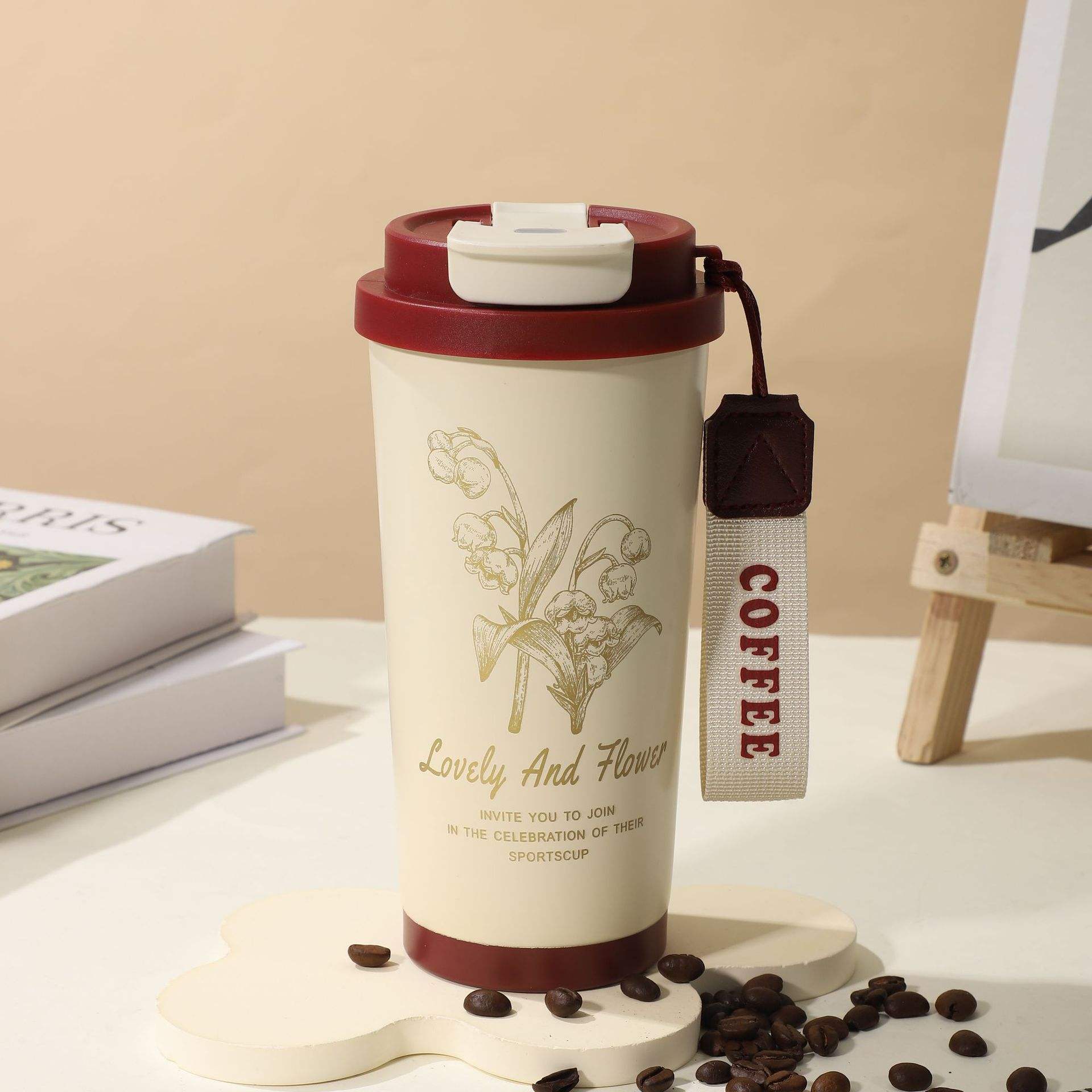 Double-drink coffee cup 530ml, red lily of the valley