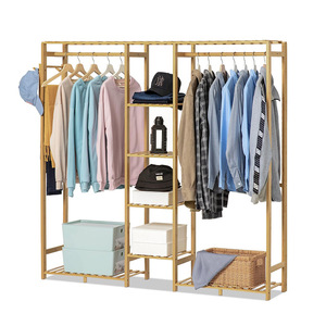 Bamboo Clothes Rack 6 Layer <b>Standing</b> Wardrobe Storage Organizer For Shirts And <b>Hats</b> Natural Color Rectangle Shape - Product Image 1