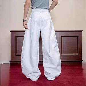 American Retro White Scimitar <b>Jeans</b> for Men High Street Niche Large Pocket Loose Harem Pants with High Waist - Product Image 5
