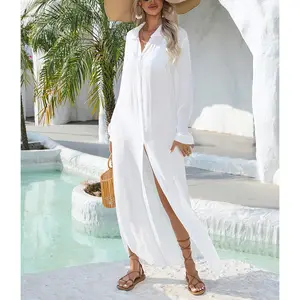 Zonnebrandcrème Witte Lange Shirts Bikini Cover-Up Vrouwen Zomer Lange Mouw Revers Knoop Down Strandjurk Badmode Kiel Lange Tops