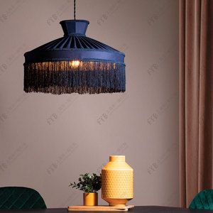 Suspension luminaire design japonais en forme de yourte mongole avec pompon bleu, 460mm 600mm 700mm 800mm, pour salle à manger, salon, villa, maison d'hôtes - Product Image 2