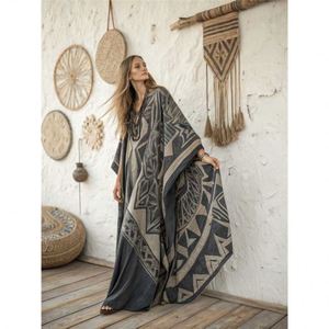 Vestido Maxi Estampado para Mujer Maxfree, con Mangas con Volantes, Cuello en V, Elegante, Modesto, Informal, de Poliéster - Product Image 5