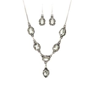 925 Sterling Silver Green Amethyst Jewelry Set Necklace Earrings Teardrop Pendant Pale Green Gemstones Bezel Setting - Product Image 1