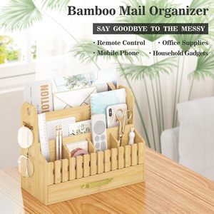 Bamboo Office Organizer Desktop <b>Storage</b> <b>Box</b> With <b>Drawers</b> And Partitions For Electronics And Documents Rectangle Standing Type - Product Image 4