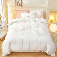 Parure de lit de mariage 3 pièces, style princesse, avec volants décontractés et fleurs 3D, comprenant housse de couette et taies d'oreiller décoratives, motif floral 3D