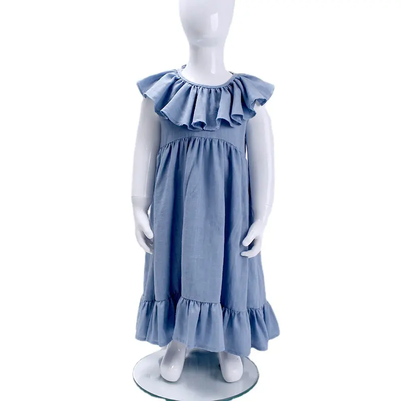 Whole Causal Style Girls' Maxi Dresses Linen and Cotton Soft Children Clothes Sleeveless Dress With Ruffle Collar