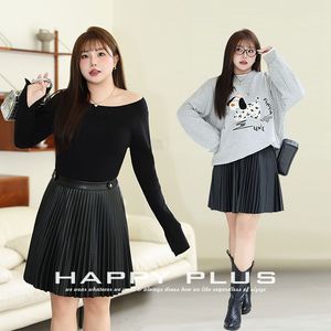 Jupe midi plissée taille haute en similicuir Runqi noire grande taille pour femme, couleur unie, micro-élasticité, design boutonné - Product Image 3