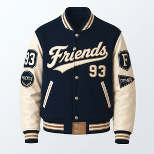 Veste universitaire pour homme, bleu marine et beige, manches en cuir, patch brodé, style preppy, coupe classique, automne. - Product Image 1