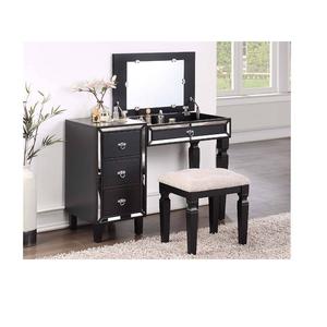 ชุดโต๊ะเครื่องแป้งแบบตั้งพื้น ไม้สน ชนิด MDF สไตล์อเมริกัน-เวียดนาม สีดำ พร้อมกระจกและเก้าอี้ สำหรับห้องนอน - Product Image 1