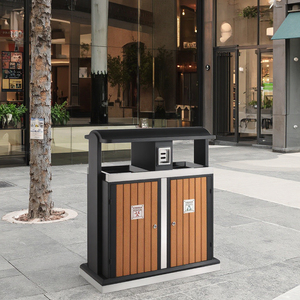 WPC Plastic Wood Outdoor Recycling <strong>Bin</strong> with Ashtray - <strong>Double</strong> <strong>Compartment</strong> Recycle <strong>Bin</strong> and Garbage Can for Hotels Parks Resorts - Product Image 2