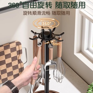 Walnut Wood Kitchen <b>Rotating</b> Hook Spatula Holder 10kg Load Capacity Countertop Utensil <b>Storage</b> <b>Rack</b> Daily Use - Product Image 2