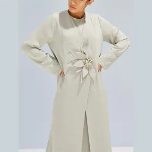 New Trending Islamic Eid Luxury Fashion Dubai Muslim Women Embellished Linen Open Abayas Set