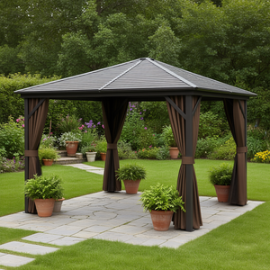 Gazebo 10x10 Marrone Scuro con Tetto Rigido, Struttura in Alluminio, Tende con Ganci, Tettoia per Patio e Giardino, Arredamento da Esterno - Product Image 2